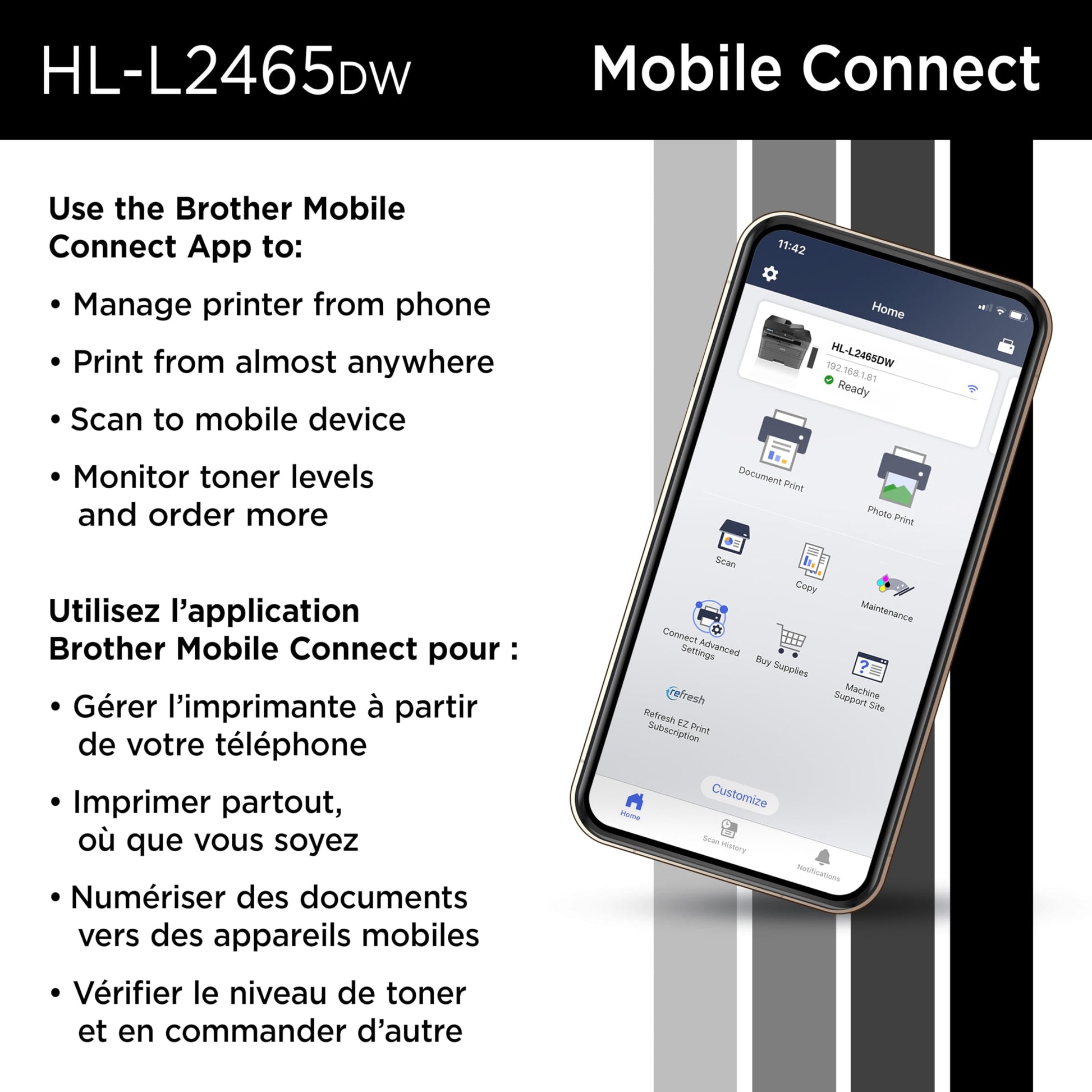 Brother HL-L2465DW Monochrome Laser Printer with Wireless Connectivity All-in-One Print, Copy and Scan Functions for Home and Office Use - Compact Design Brother