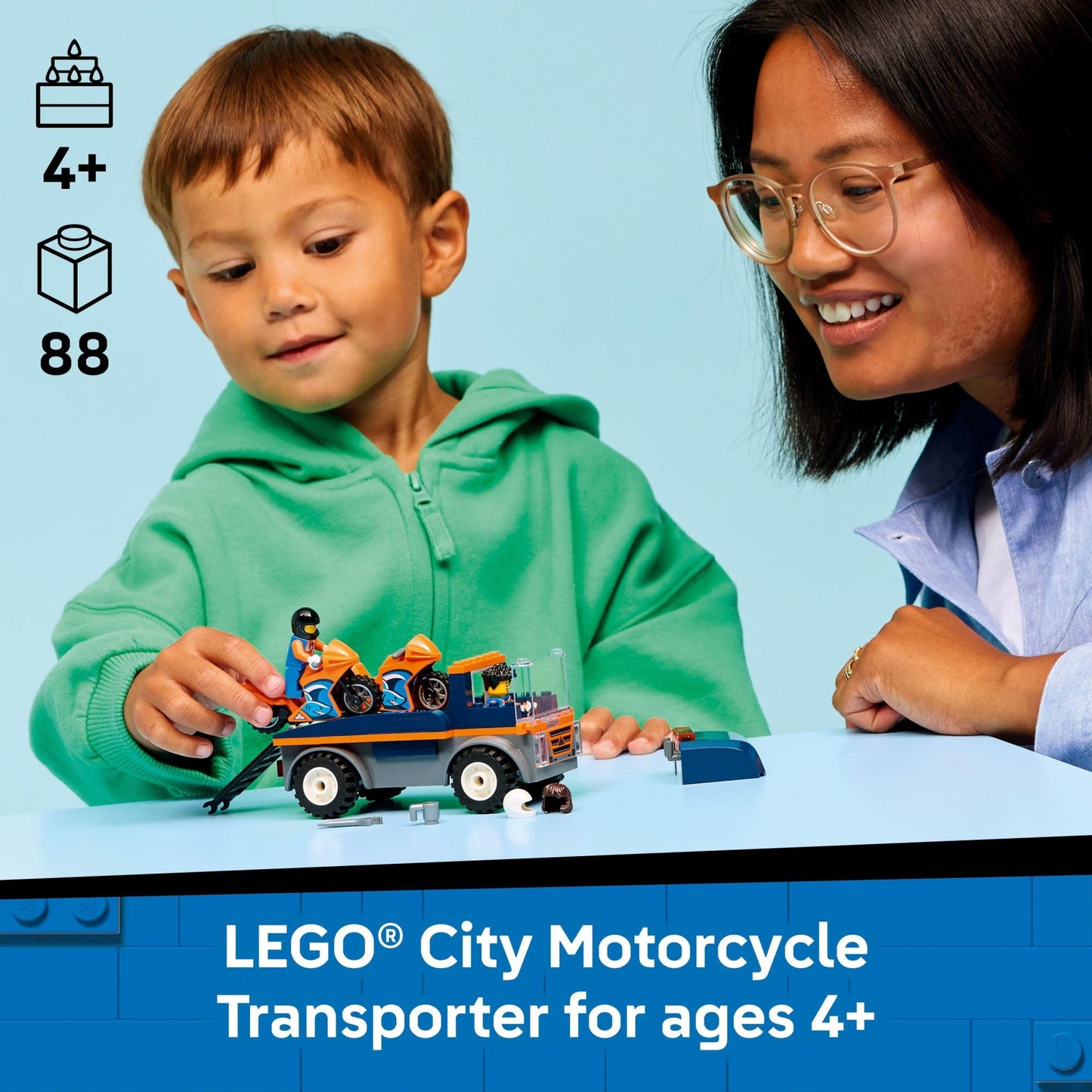 LEGO City Motorcycle Transporter Building Toy for Boys & Girls - Pretend Play Set for Preschool Kids, Ages 4+ - Flatbed Truck Toy W/2 Toy Motorcycles & 2 Minifigures - Gift Idea for Birthdays - 60491