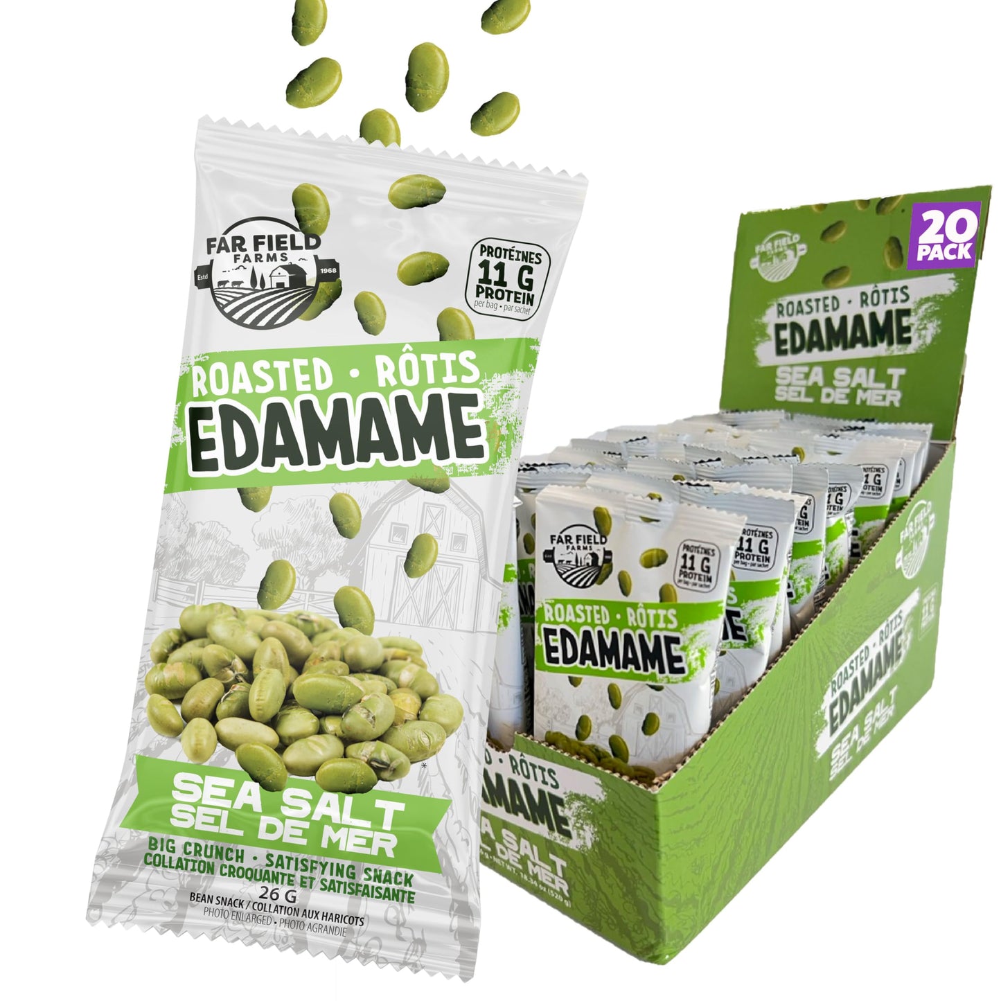 Urbani Far Field Crunchy Roasted Edamame - Sea Salt Flavor, 20 Single-Serve Packs (26g each), 11g Protein Per Serving