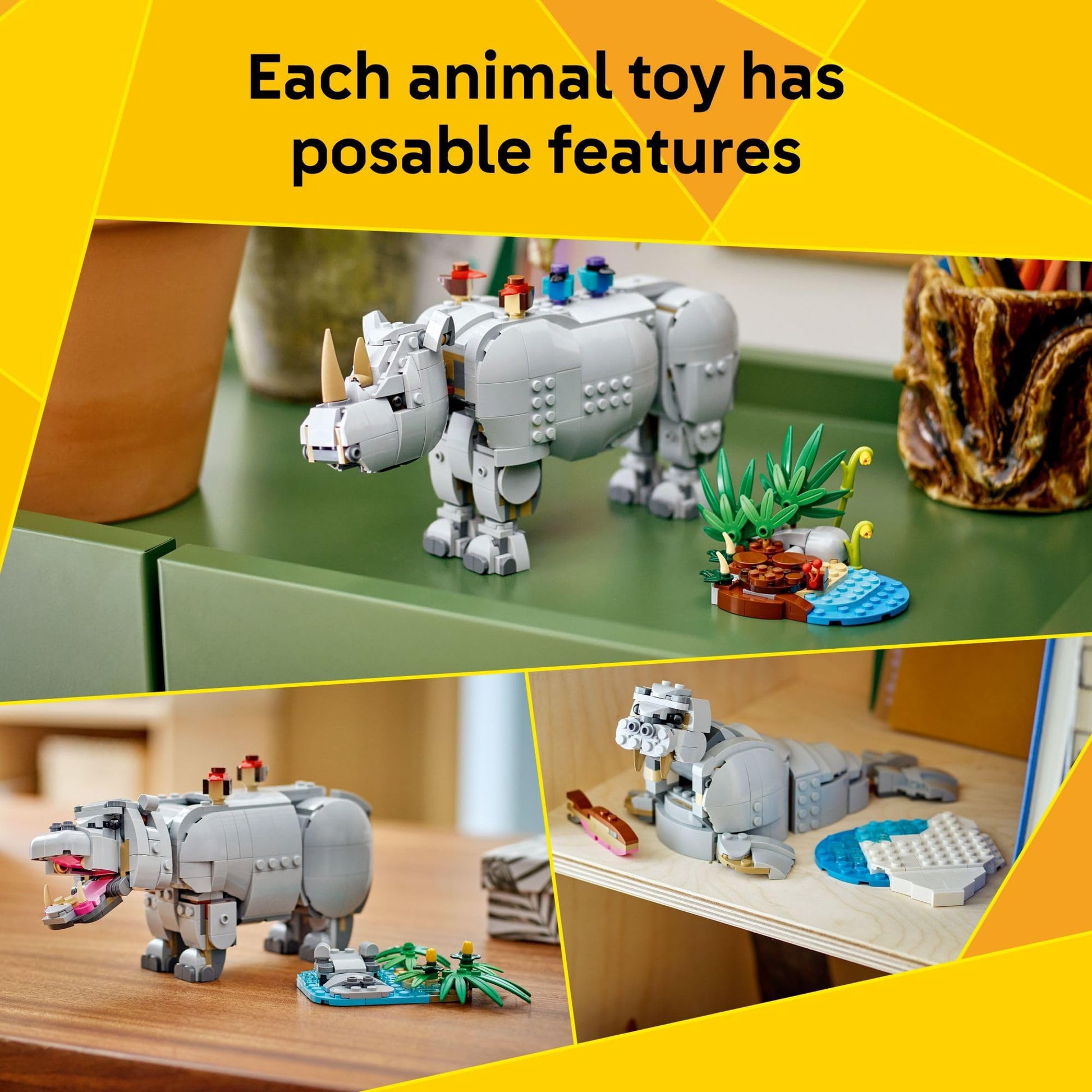 LEGO Creator 3 in 1 Wild Animals: Majestic Rhino - Building Toy for Boys & Girls, Ages 9+ - Gift for Birthdays - Kids Bedroom and Desk Decor - Build Rhino, Hippo, or Walrus - 31129 LEGO