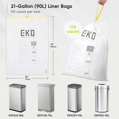 EKO Extra Strong 21 Gallon Large Trash Bags, Heavy-Duty Drawstring Kitchen & Household Garbage Bags (80L), Leak-Resistant, 110 Count, Code G