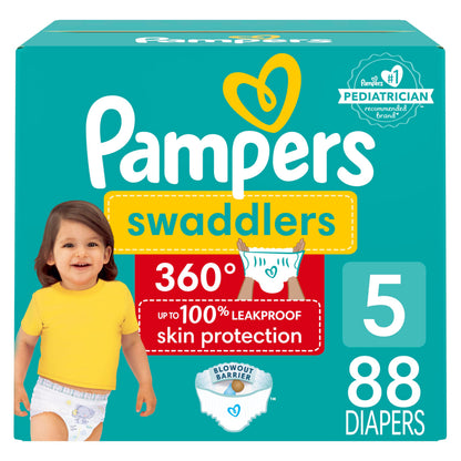 Pampers Diapers - Swaddlers 360 degrees - Size 5, 88 Count, up to 100% Leakproof Comfy Dry Fit, EZ Off Tabs Designed for Easy Changes, Pull On Diaper
