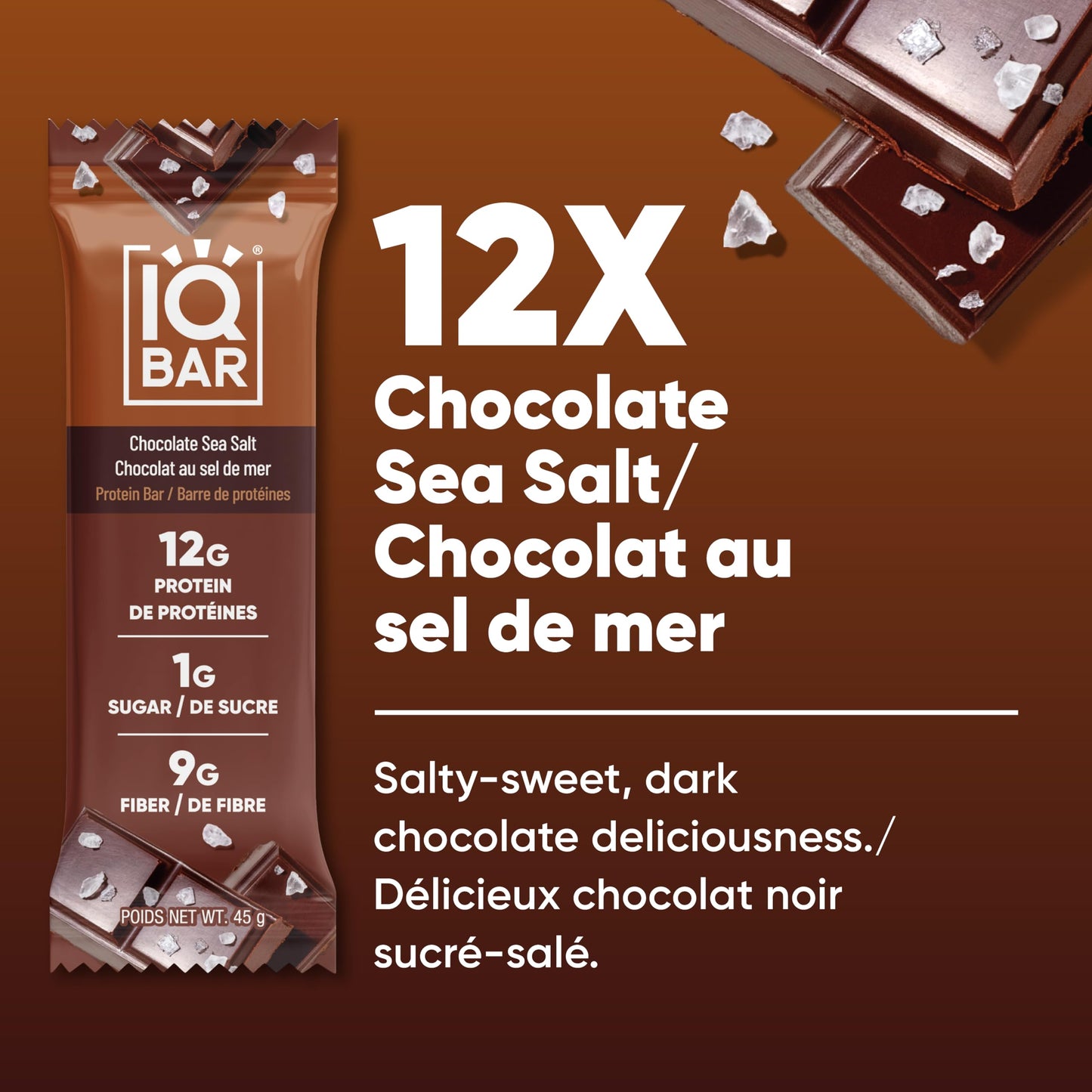 IQBAR Chocolate Sea Salt Plant Protein Bars - 12 Pack | Low Carb, Vegan, High Fiber