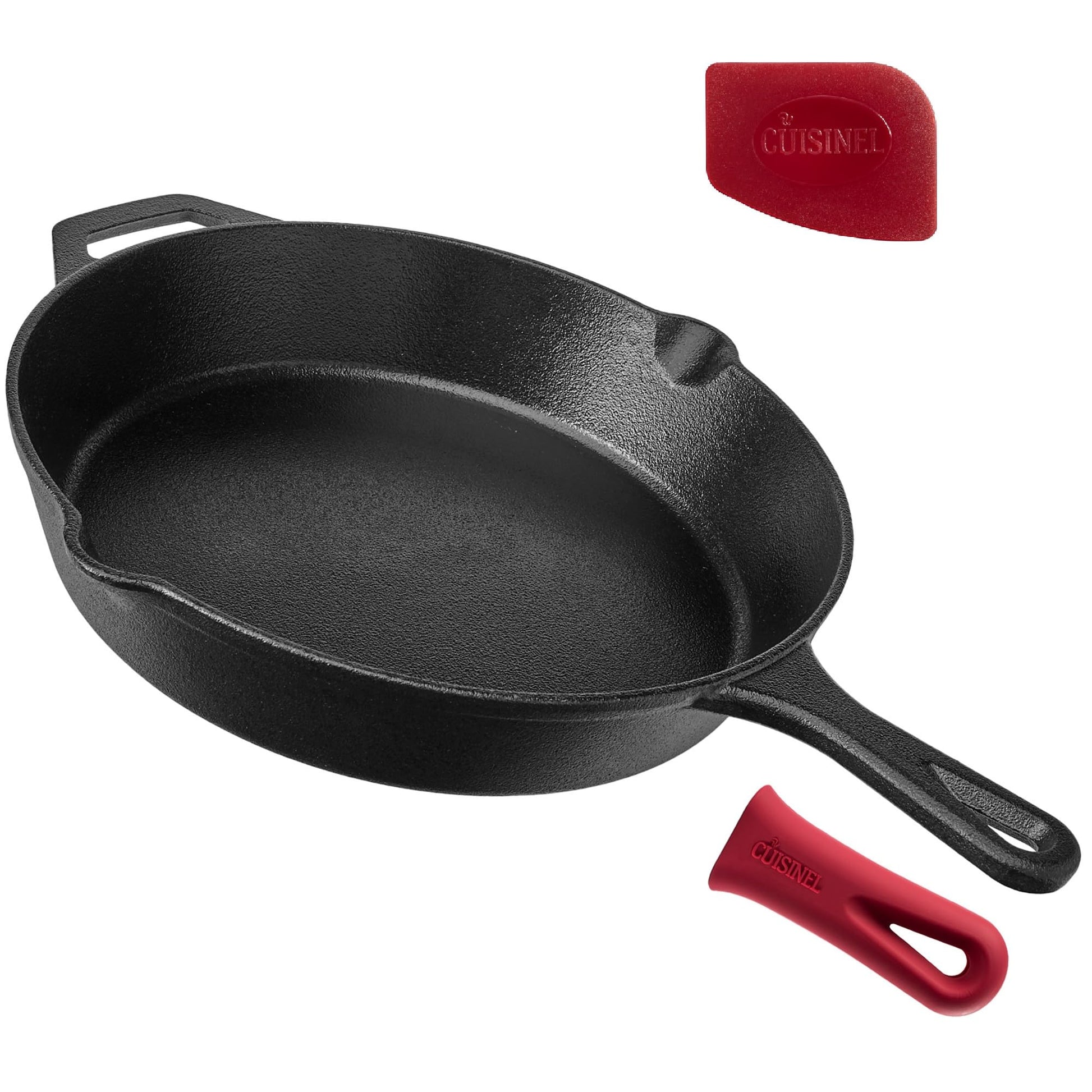 Cast Iron Skillet - 12"-Inch Frying Pan with Assist Handle and Pour Spots + Silicone Grip Cover - Pre-Seasoned Oven Safe Cookware - Indoor/Outdoor Use - Grill, Stovetop, Induction and Firepit Safe Cuisinel