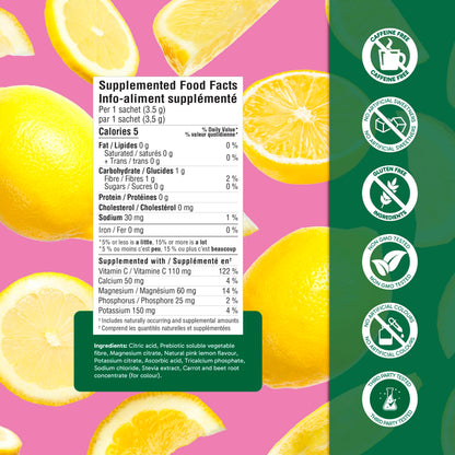 Organika Canadian-Made Electrolytes Powder with Vitamin C & Prebiotic Fibre - Sugar-Free Hydration Drink Mix - Pink Lemonade - 20 Single-Serve Sachets x 3.5g