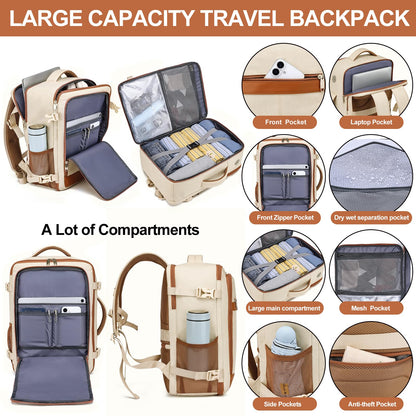 Travel Backpack for Women Flight Approved Carry On Travel Backpack with Shoe Pouch,TSA 15.6inch Laptop Sac à Dos Personal Item Bag for Weekender Overnight Bags Bookbag Travel Essentials,Beige