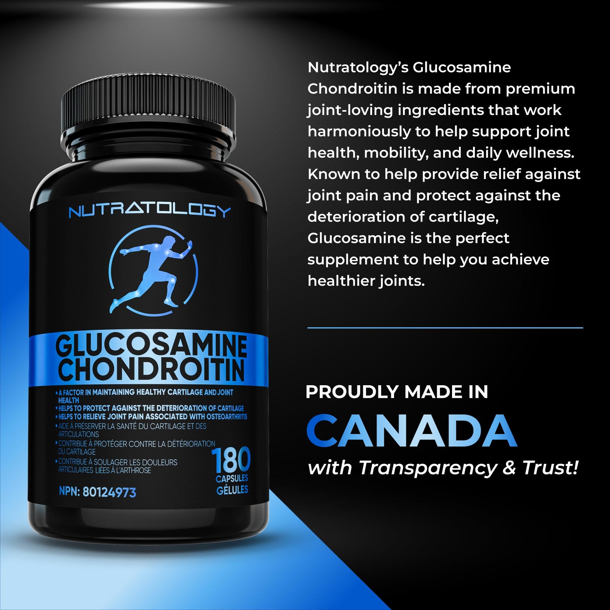Nutratology® Glucosamine Joint Supplement with Chondroitin, MSM & Turmeric | Canadian-Made | Joint Pain Relief Supplements - 1500MG Glucosamine - Supports Healthy Joints & Cartilage - 180 Capsules - Available at All In One Marketplace Canada