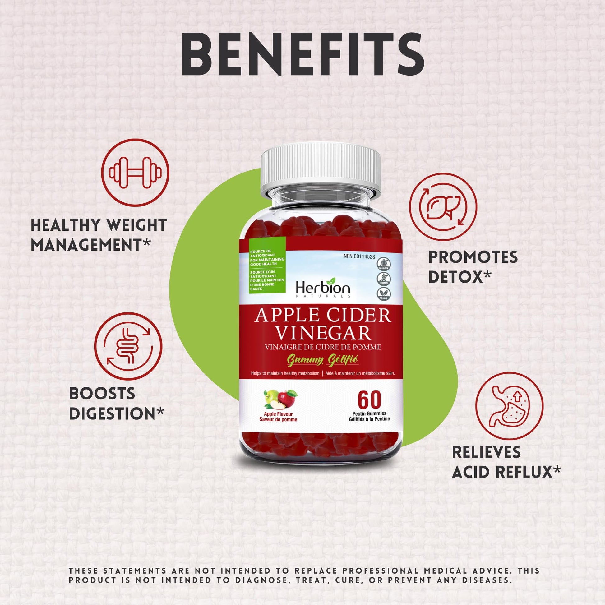 Herbion Naturals Apple Cider Vinegar Gummy with Folic Acid, Pomegranate, Beetroot & vitamin B12, source of Antioxidants to maintain Good Health & Metabolism, 60 Pectin Gummies for Adults, Apple Flavour - Available at All In One Marketplace Canada