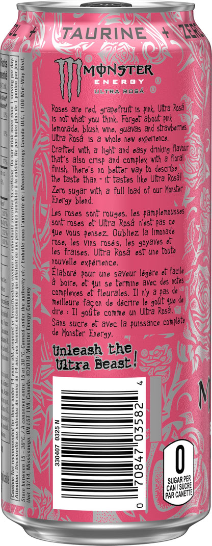 MONSTER ENERGY, Ultra Rosa, 473 mL Cans (12 Pack) – Zero Sugar Energy Drink