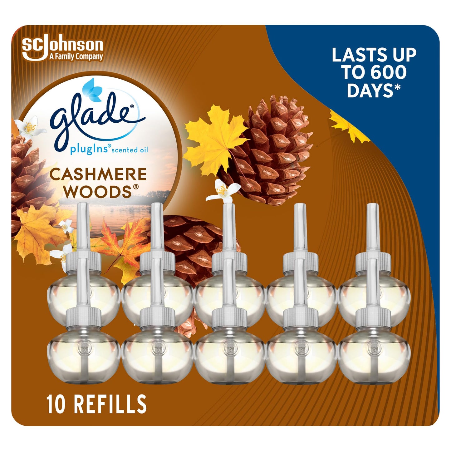 Glade PlugIns Air Freshener Refill Oil, Long Lasting Scented Plug In with Essential Oils for Home, Bathroom & Kitchens, Cashmere Woods, 10 Refills Glade