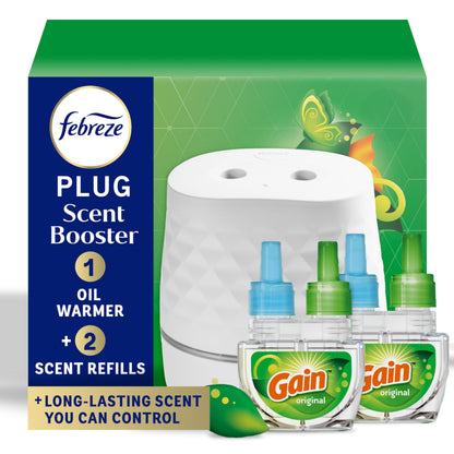 Febreze PLUG Scent Booster Starter Kit, White, Oil Diffuser, Air Freshener Plug In, Continuous Scent Device + 1 Gain Original Refill