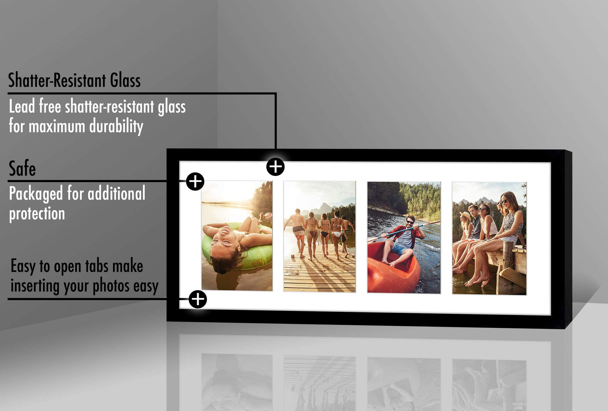 Americanflat 4x6 Collage Picture Frame with Shatter-Resistant Glass - Fits Four 4x6 Photos or Use as One 8x20 Picture Frame - Signature Collection - Collage Frames for Wall Display - Black Americanflat