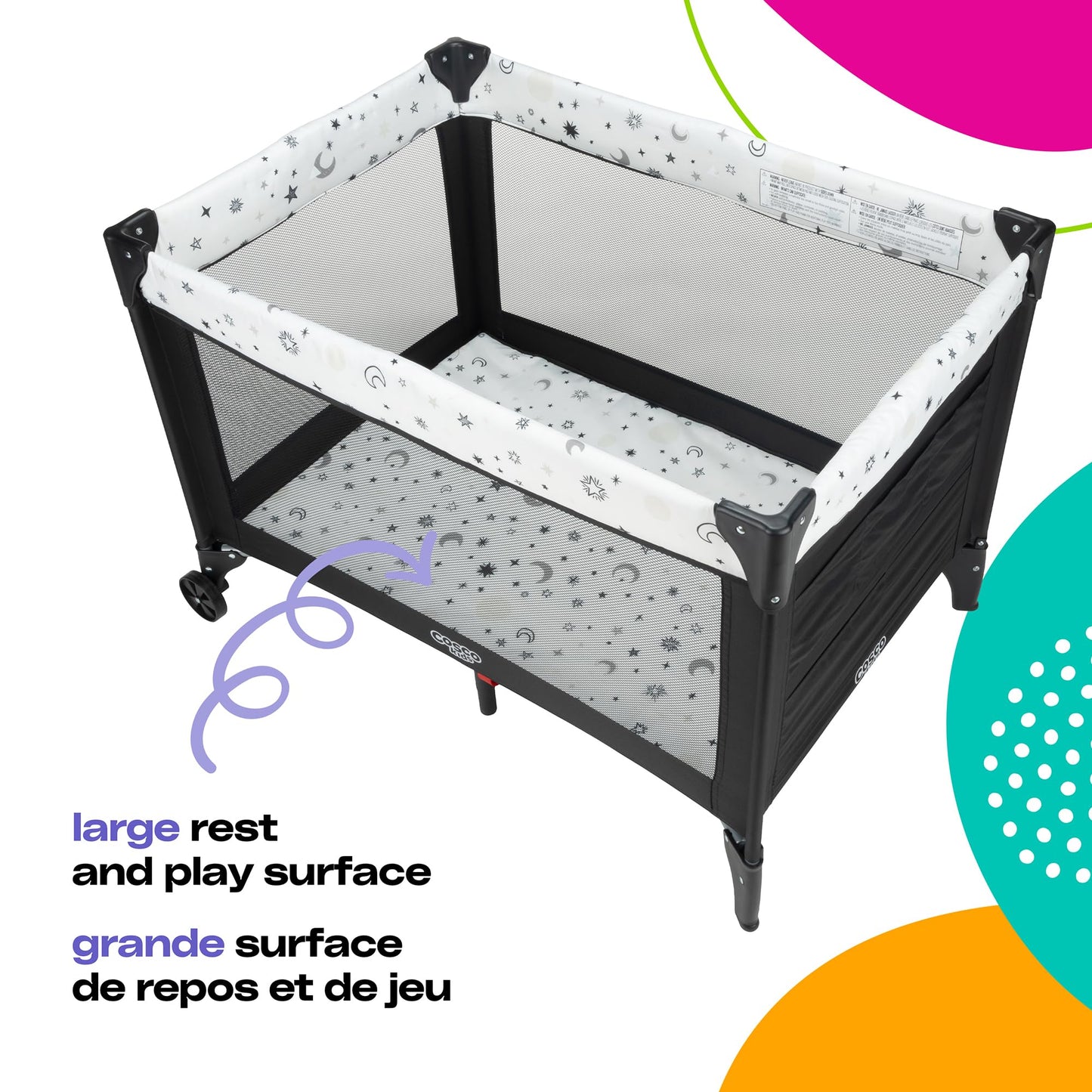 Cosco Kids Funsport® Plus Portable Playard with Full-Size Bassinet, Carry Bag & Wheels – Lightweight, Compact Fold, Breathable Mesh – Twinkle Twinkle Cosco