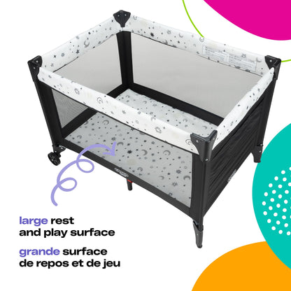 Cosco Kids Funsport® Plus Portable Playard with Full-Size Bassinet, Carry Bag & Wheels – Lightweight, Compact Fold, Breathable Mesh – Twinkle Twinkle Cosco