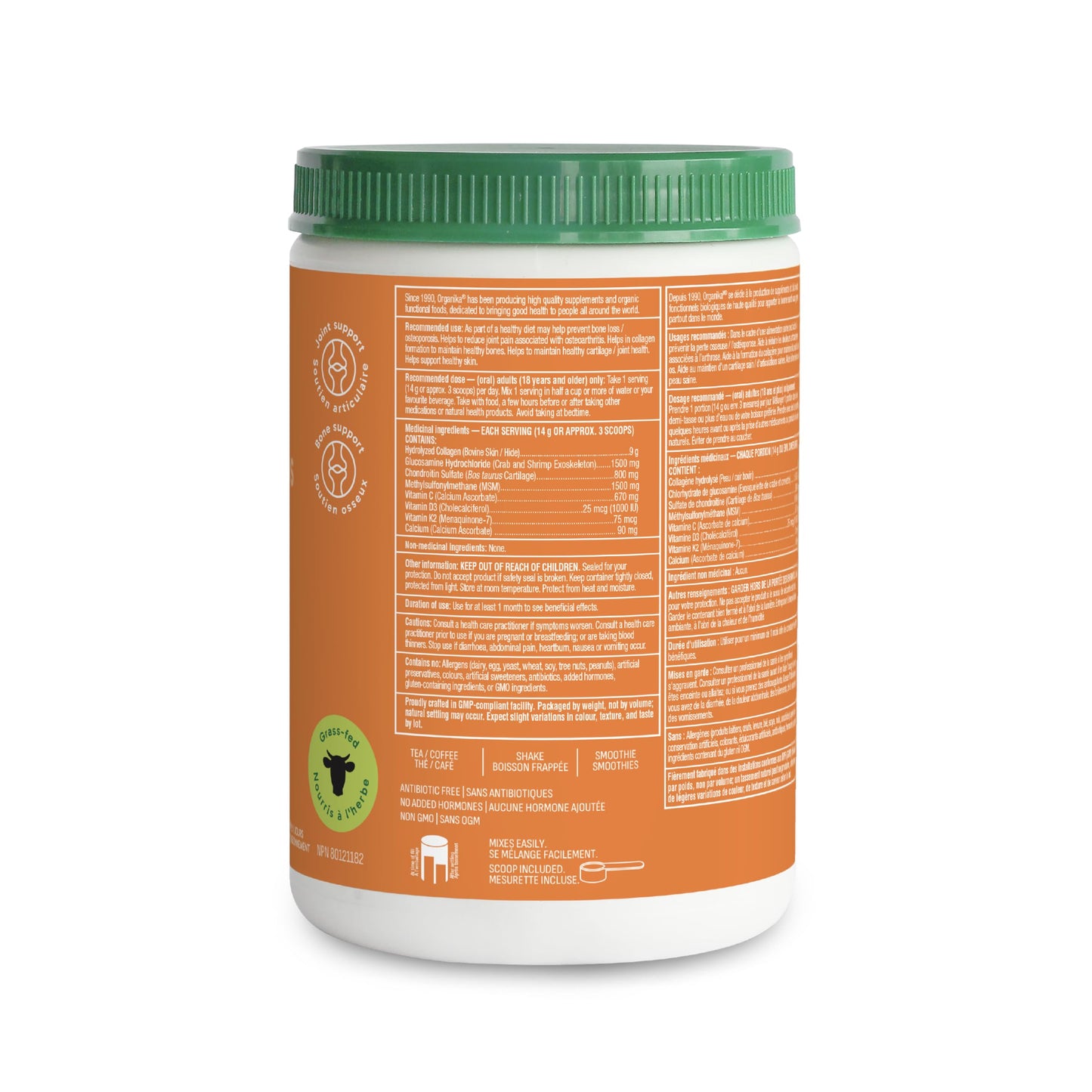 Organika Canadian-Made Enhanced Collagen Bone and Joint Powder - with Glucosamine, MSM, Chondroitin Sulfate, Vitamin D3 and K2 | Helps Restore Bone and Joint Health + Healthier Skin and Hair - 280g Organika