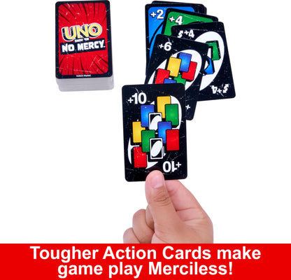 Mattel Games UNO Show ‘em No Mercy Card Game in Storage & Travel Tin for Kids, Adults & Family Night with Extra Cards, Special Rules & Tougher Penalties