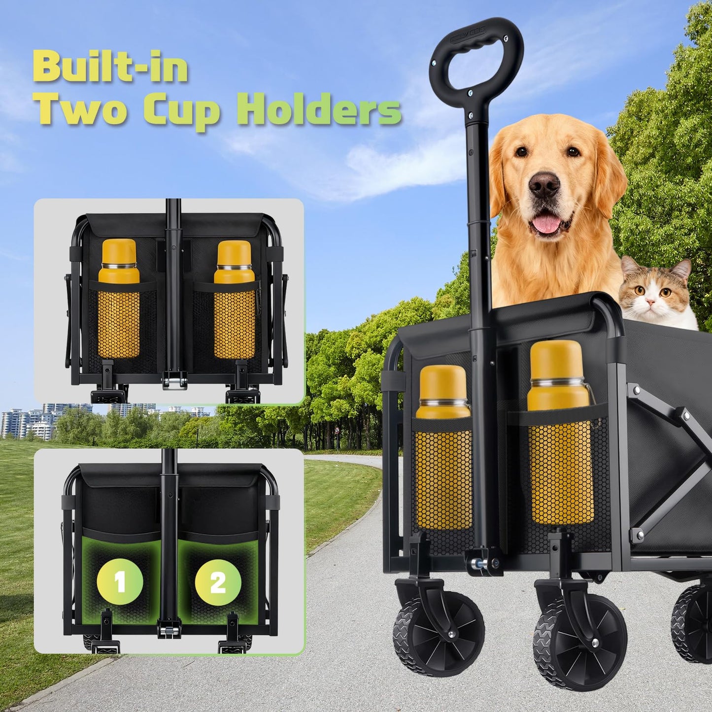 100KG Collapsible Foldable Wagon Carts - Heavy Duty Portable Folding Utility Wagons with All-Terrain Wheels for Grocery Sports Shopping Camping Garden Beach, 2 Drink Holders/Lightweight/Black - Available at All In One Marketplace Canada