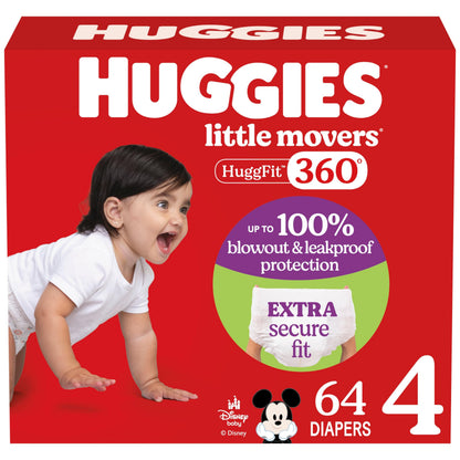 Huggies Size 4 Baby Diapers, Little Movers HuggFit 360° Baby Diapers with 360° Waistband, Size 4 (22-37 lbs), 64 Count, Packaging May Vary