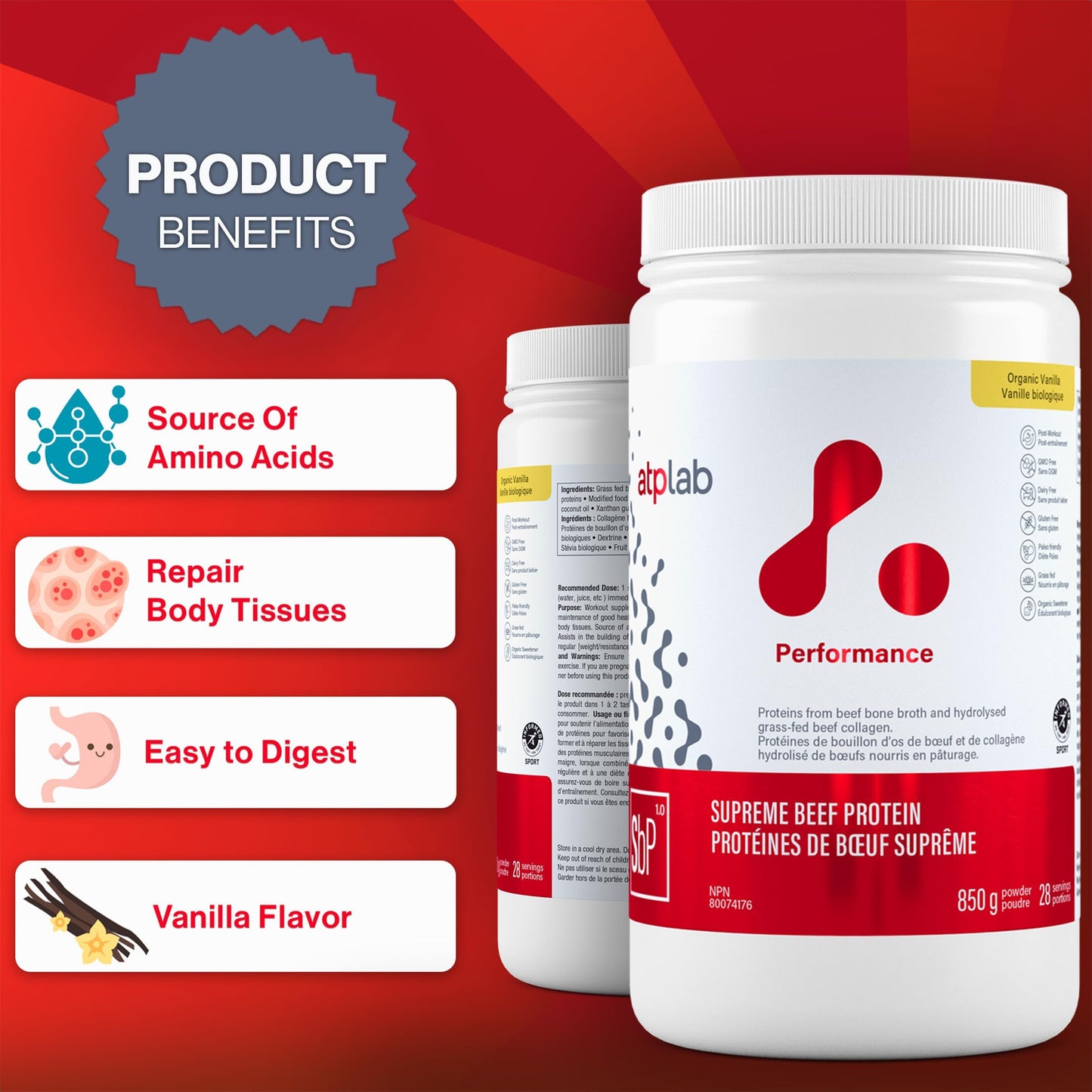 ATP LAB Supreme Beef Protein Powder Grass Fed 850g - Vanilla Flavor with Bone Broth & Hydrolyzed Collagen
