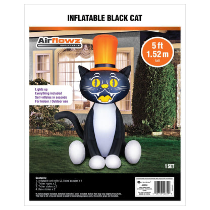 Chat noir gonflable de 1,5 mètre avec haut-de-forme pour Halloween