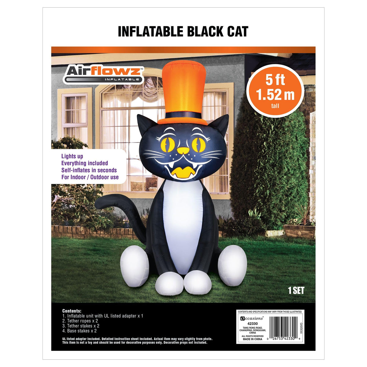 Chat noir gonflable de 1,5 mètre avec haut-de-forme pour Halloween