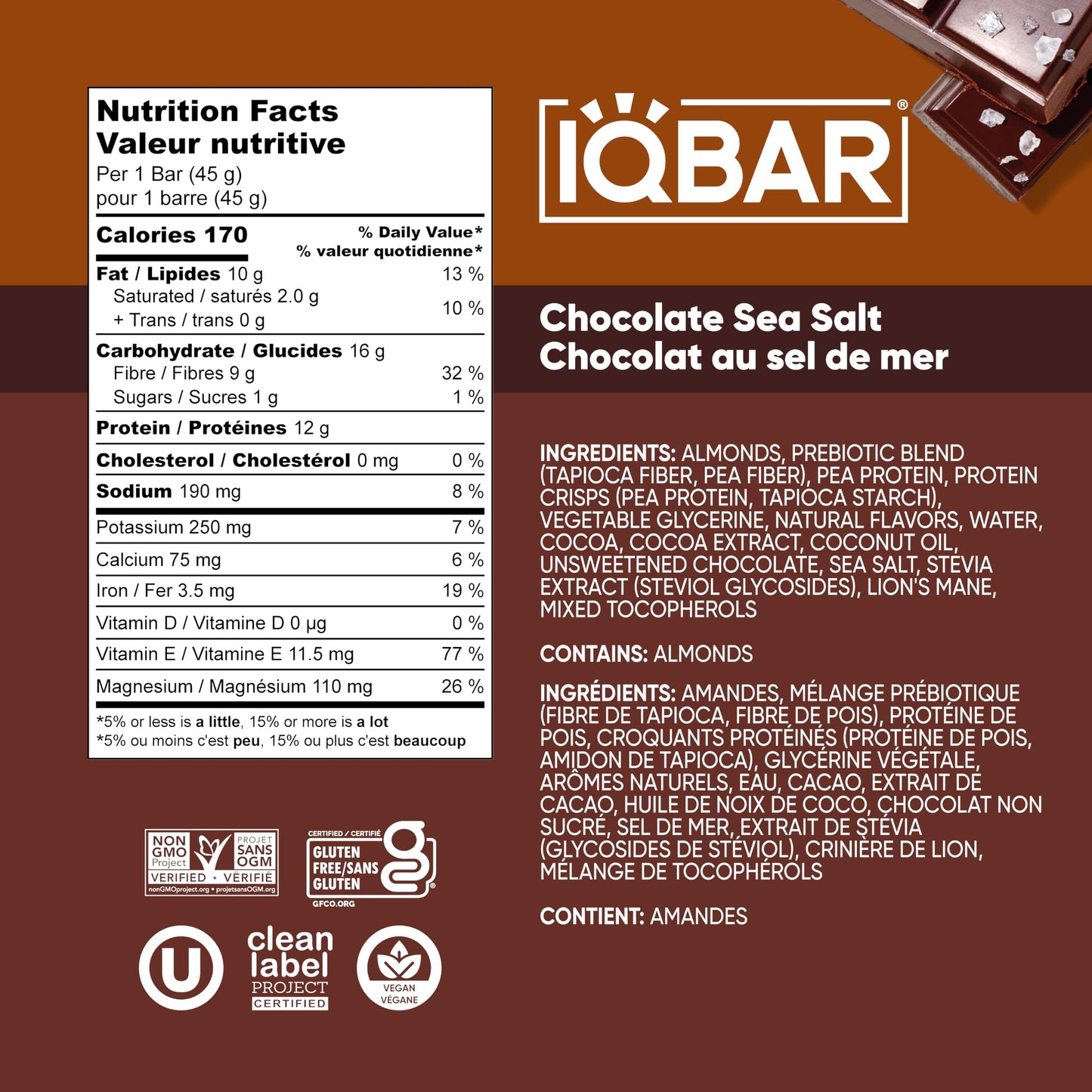 IQBAR Chocolate Sea Salt Plant Protein Bars - 12 Pack | Low Carb, Vegan, High Fiber