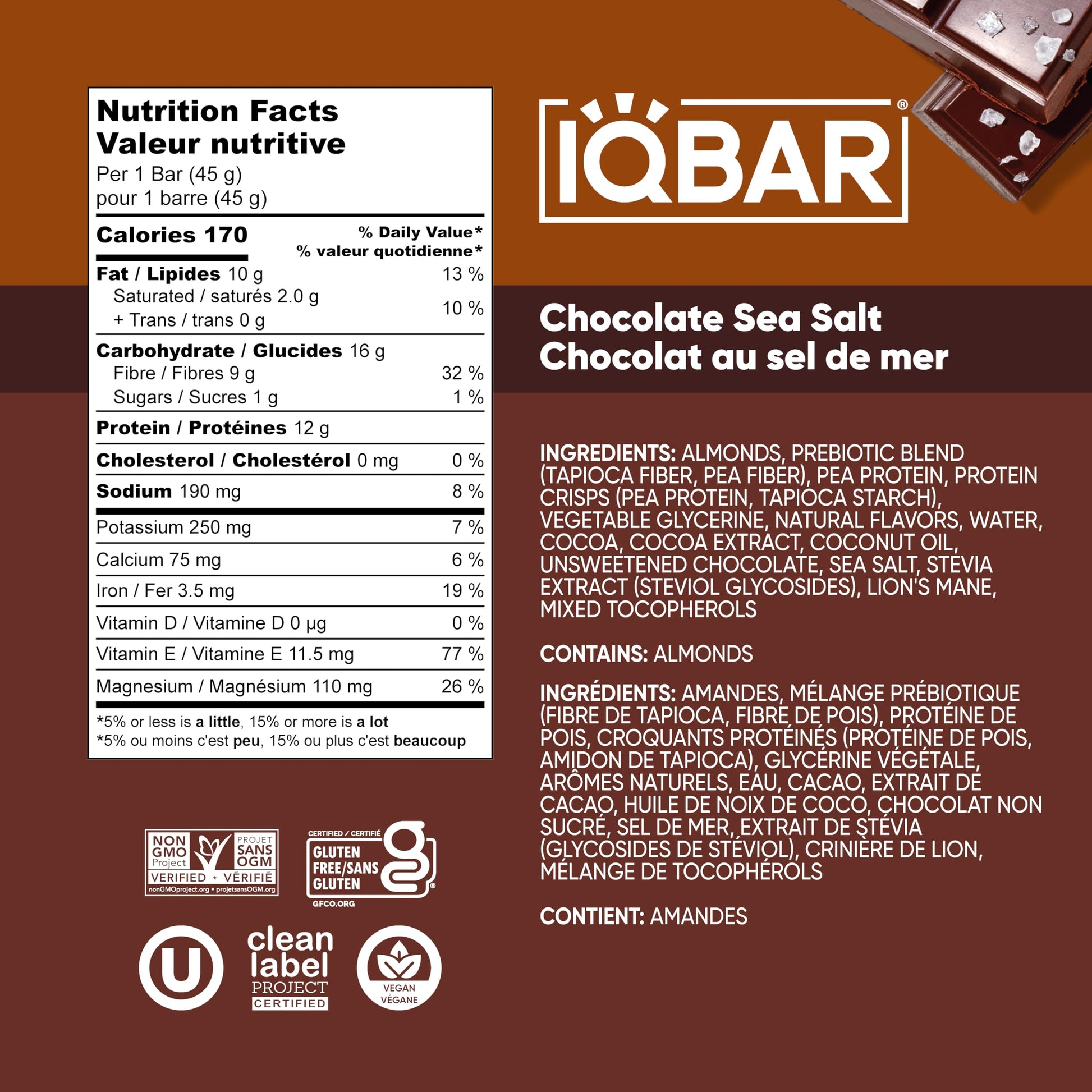 IQBAR Chocolate Sea Salt Plant Protein Bars - 12 Pack | Low Carb, Vegan, High Fiber