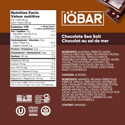 IQBAR Chocolate Sea Salt Plant Protein Bars - 12 Pack | Low Carb, Vegan, High Fiber