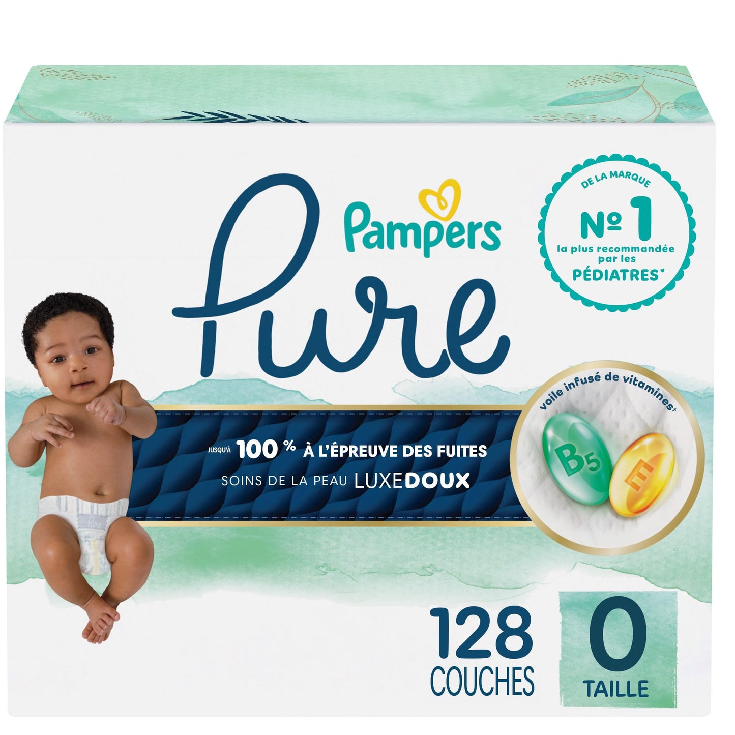 Pampers Pure Baby Diapers, Size 0, Up to 100% Leakproof, Premium Hypoallergenic Soft Diapers, 1 Pack (Count of 128)