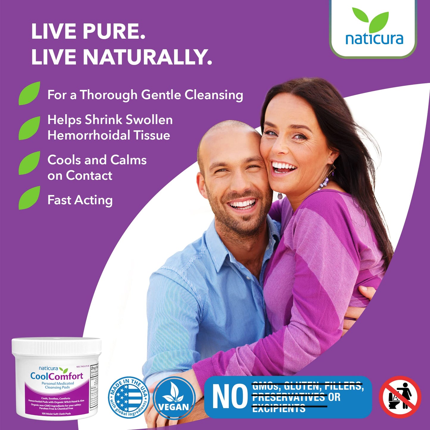 CoolComfort Personal Cleansing Pads with Organic Witch Hazel and Aloe Vera - All Natural and Fast Acting Wipes for Hemorrhoid Burning, Itching, Pain and Swelling - 100 Pads - No Parabens - Available at All In One Marketplace Canada