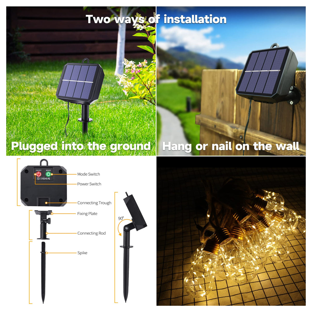 Solar Outdoor String Lights, 20Ft Vintage Rope Hemp Solar Patio Lights, Waterproof Warm White Solar Powered Christmas String Lights with 8 Modes 16 Shatterproof Bulbs for Garden Fence Stairs Balcony 🍁 All In One Marketplace Canada