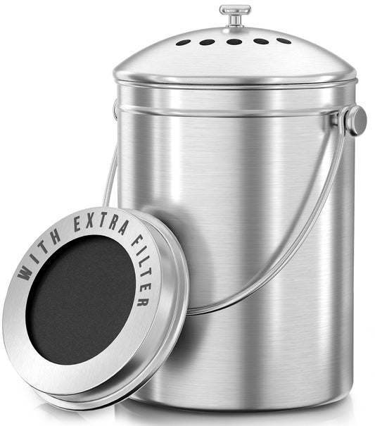 KICHLY Compost Bin, Stainless Steel Bin for Kitchen Countertop, 1.3 Gallon Composting Bucket, Compost Pail with Lid, Includes 1 Spare Charcoal Filter, Silver - Available at All In One Marketplace Canada