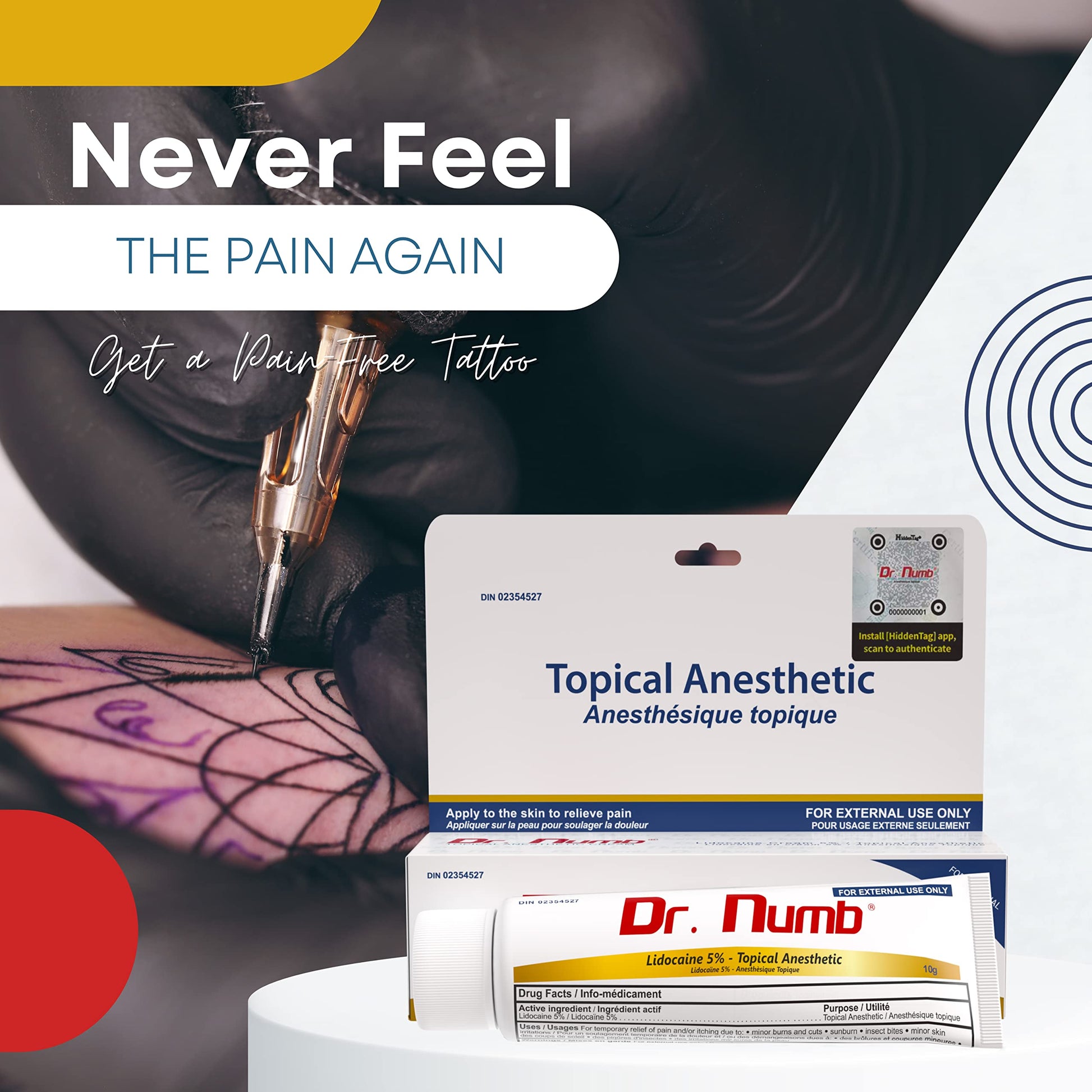Dr. Numb Tattoo Numbing Cream 5% Lidocaine Topical Anesthetic Fast-Acting Pain Relief Cream for Tattoos, Piercing, Microblading, Microneedling, Waxing - Hemorrhoid Relief - 10 g - Available at All In One Marketplace Canada