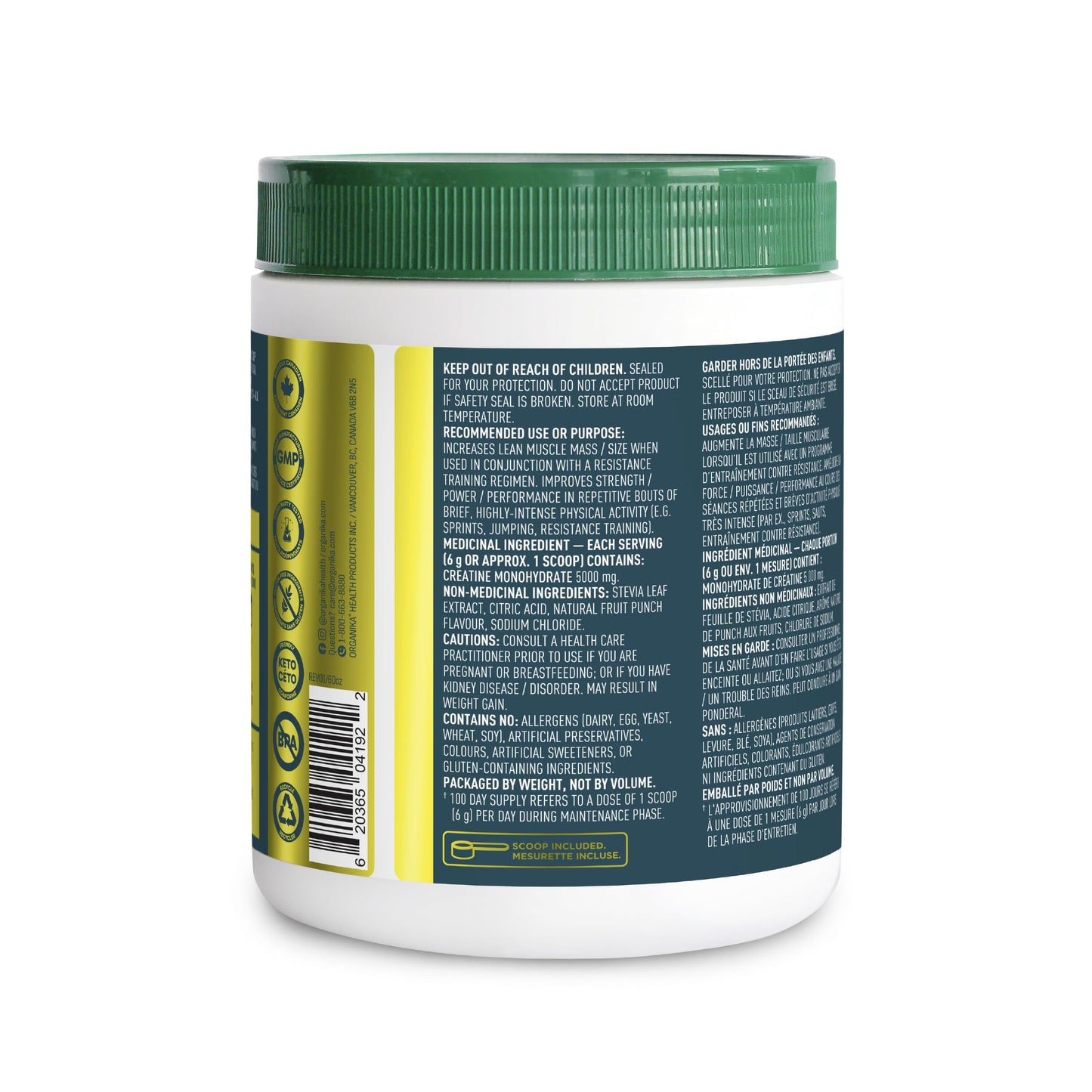 Organika Canadian-Made Creatine Powder- Fruit Punch- Pure Micronized Creatine Monohydrate - Helps Build Lean Muscle, Increase Strength, and Improved Recovery and Performance for Men and Women - 600g