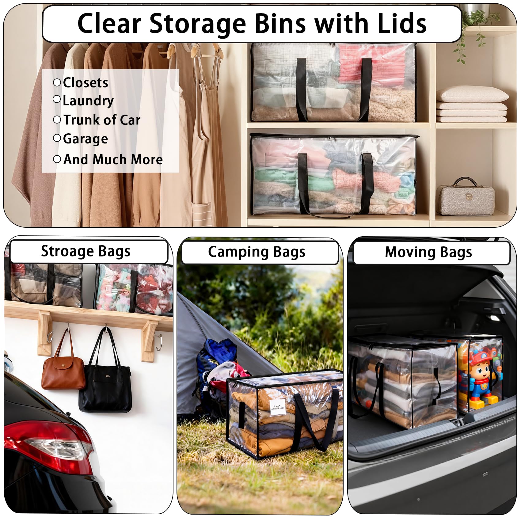 8 Pack Extra Large Heavy Duty Moving Bags,Clear Large Storage Bags with Lids,Moving Boxes with Zippers & Reinforced Handles,Transparent Packing Bags for College Dorm,Traveling,Christmas Decorations - Available at All In One Marketplace Canada