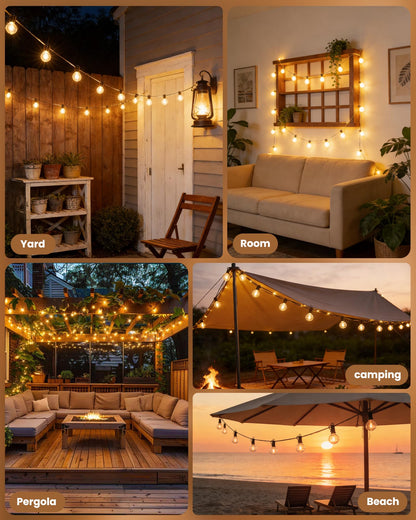 Outdoor String Lights 25 Feet G40 Globe LEDs Patio Lights with 13 Edison LED Bulbs(1 Spare), Waterproof Connectable Hanging Light for Backyard Porch Balcony Party Decor, E12 Socket Base, Black