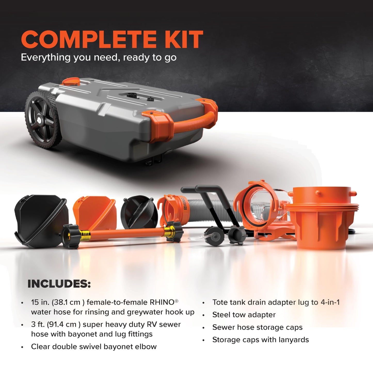 Camco Rhino 21-Gallon Camper/RV Portable Waste Tank - Features Large Heavy-Duty no-Flat Wheels & Low Drain Hole - Includes Removable Steel Tow Adapter, 3' Sewer Hose & More Accessories (39002) 🍁 All In One Marketplace Canada