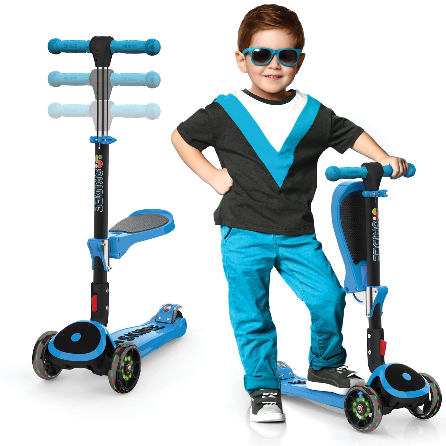 Kick Scooters for Kids Ages 3-5 (Suitable for 2-12 Year Old) Adjustable Height Foldable Scooter Removable Seat, 3 LED Light Wheels, Rear Brake, Wide Standing Board, Outdoor Activities for Boys/Girls SKIDEE