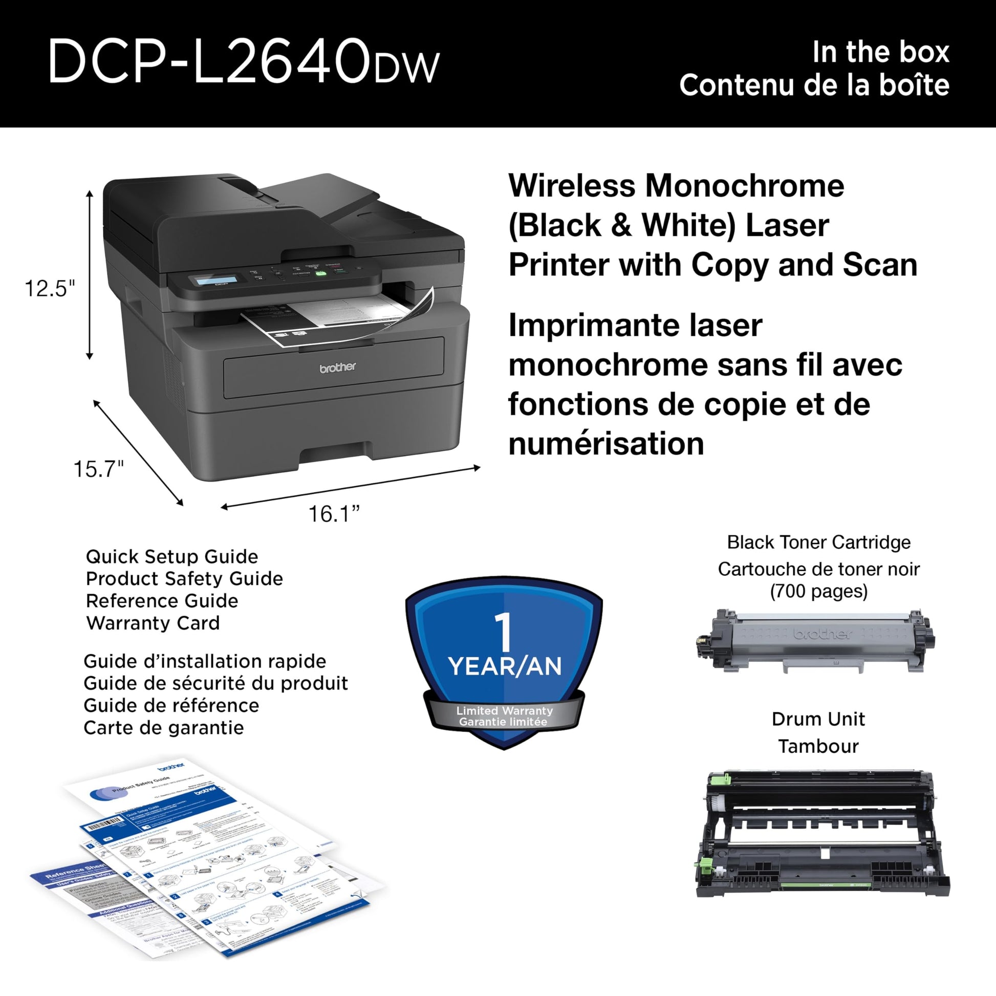 Brother DCP-L2640DW Business Monochrome Multifunction Laser Printer with 700 Prints in-Box