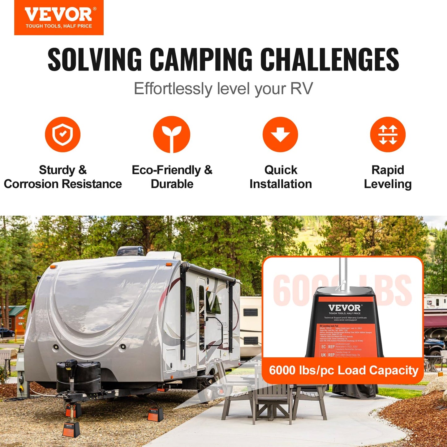 VEVOR Trailer Jack Block, 6000 lbs Capacity per RV Leveling Block, Polypropylene RV Camper Stabilizer Blocks, RV Travel Accessories Use for Any Tongue Jack, Post, Foot, 5th Wheels, 4-Pack VEVOR