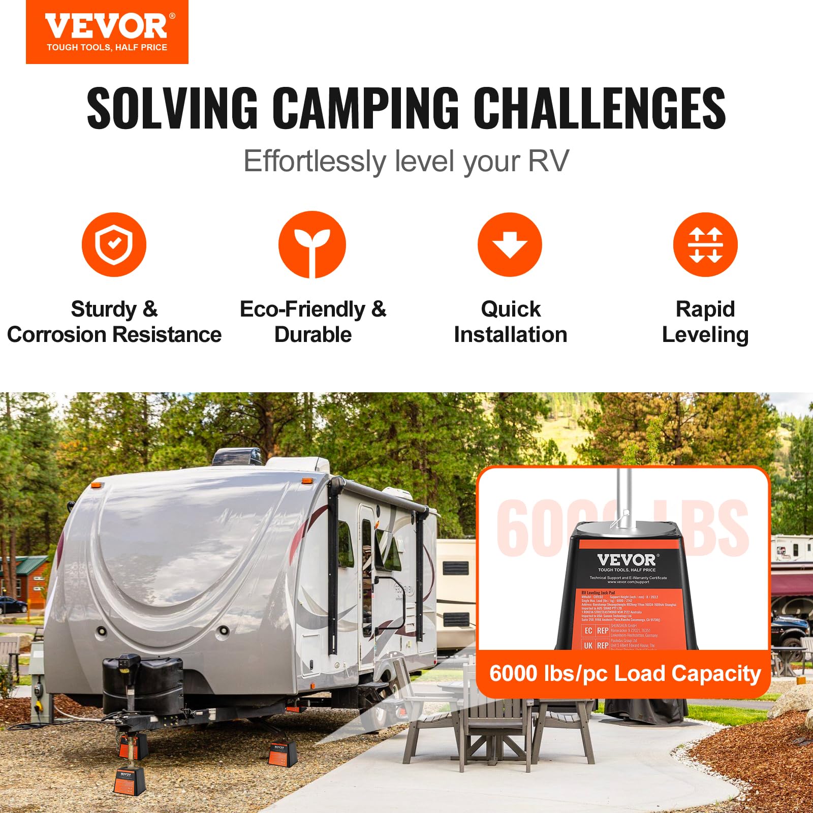 VEVOR Trailer Jack Block, 6000 lbs Capacity per RV Leveling Block, Polypropylene RV Camper Stabilizer Blocks, RV Travel Accessories Use for Any Tongue Jack, Post, Foot, 5th Wheels, 4-Pack VEVOR