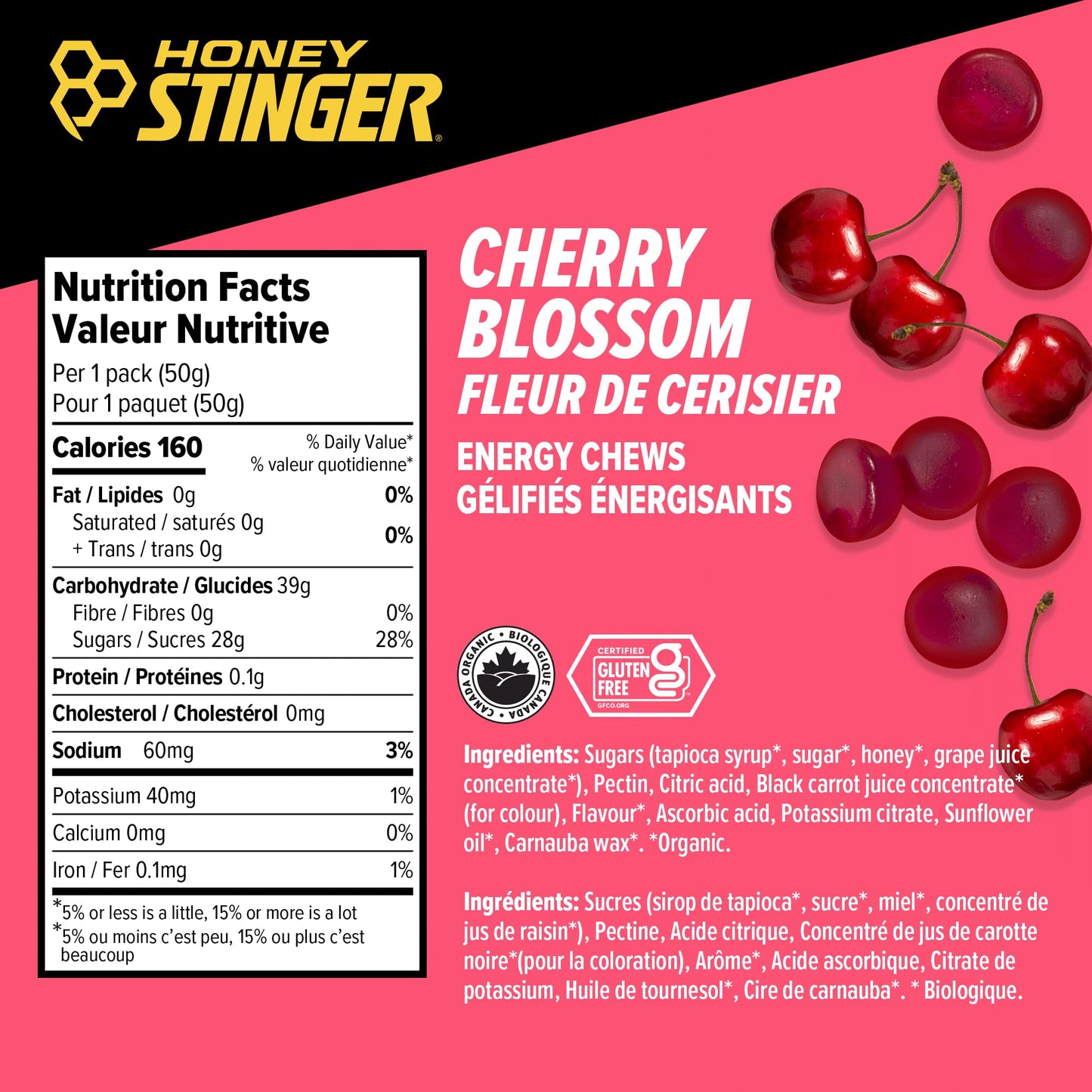 Honey Stinger Organic Cherry Blossom Energy Chew | Gluten Free & Caffeine Free | For Exercise, Running and Performance | Sports Nutrition for Home & Gym, Pre and Mid Workout | 12 Pack, 50g Honey Stinger
