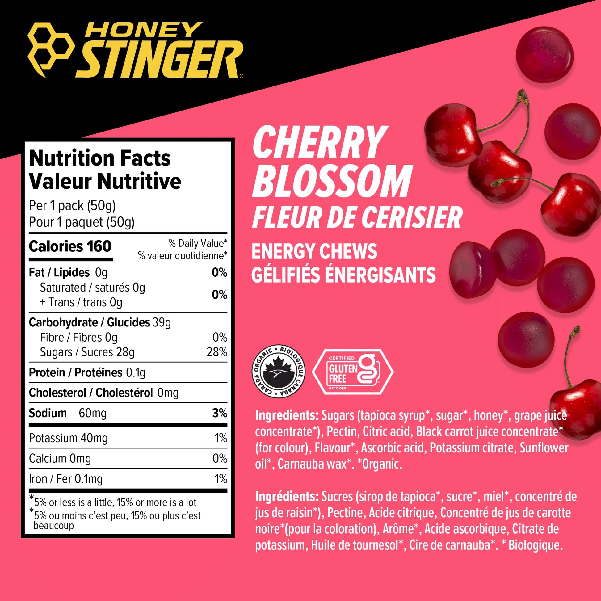 Honey Stinger Organic Cherry Blossom Energy Chew | Gluten Free & Caffeine Free | For Exercise, Running and Performance | Sports Nutrition for Home & Gym, Pre and Mid Workout | 12 Pack, 50g Honey Stinger