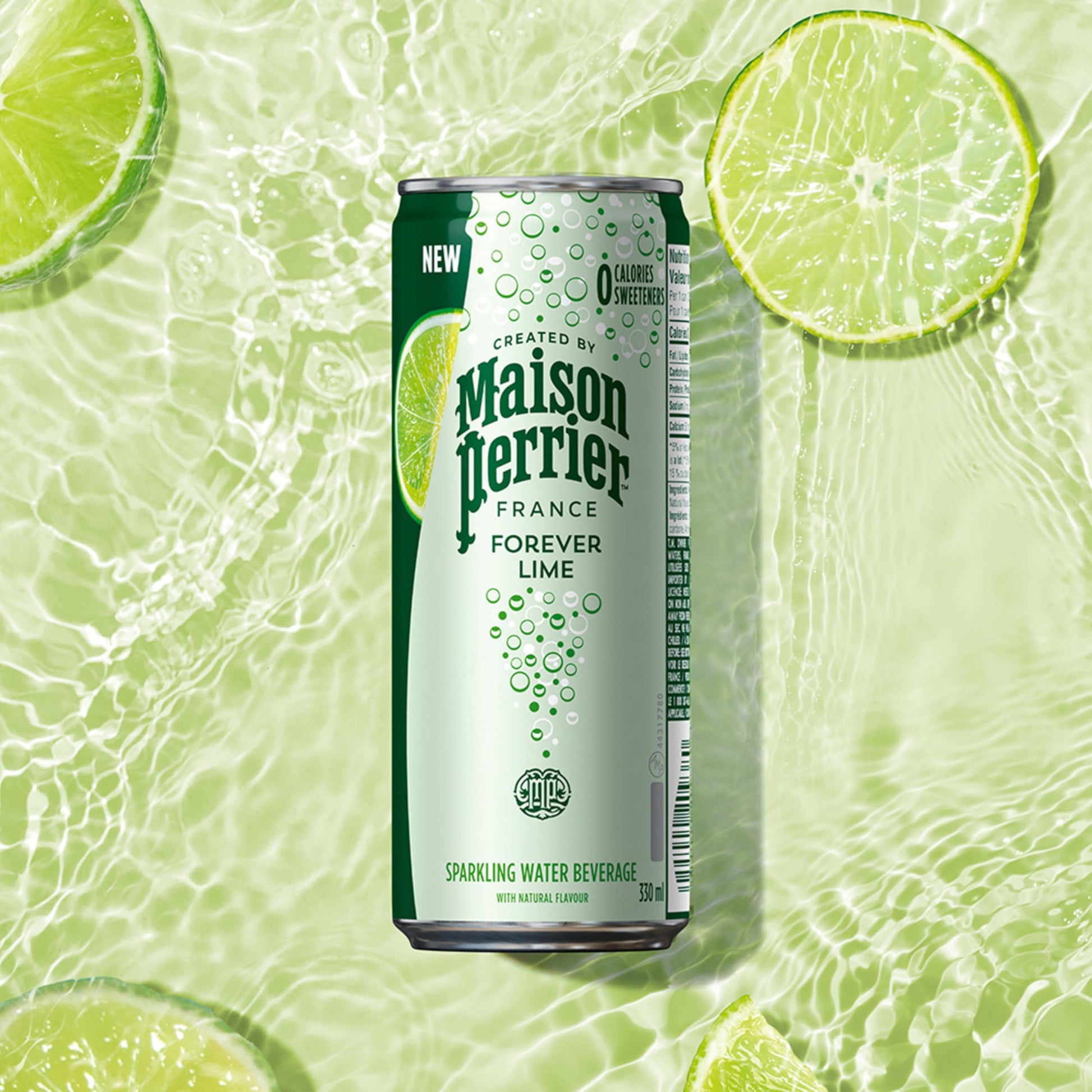 Maison Perrier Forever Lime Sparkling Water – 24 Pack of 330ml Cans – Natural Lime Flavor, Zero Calories, Zero Sweeteners, Zero Sodium – Sourced and Bottled in France