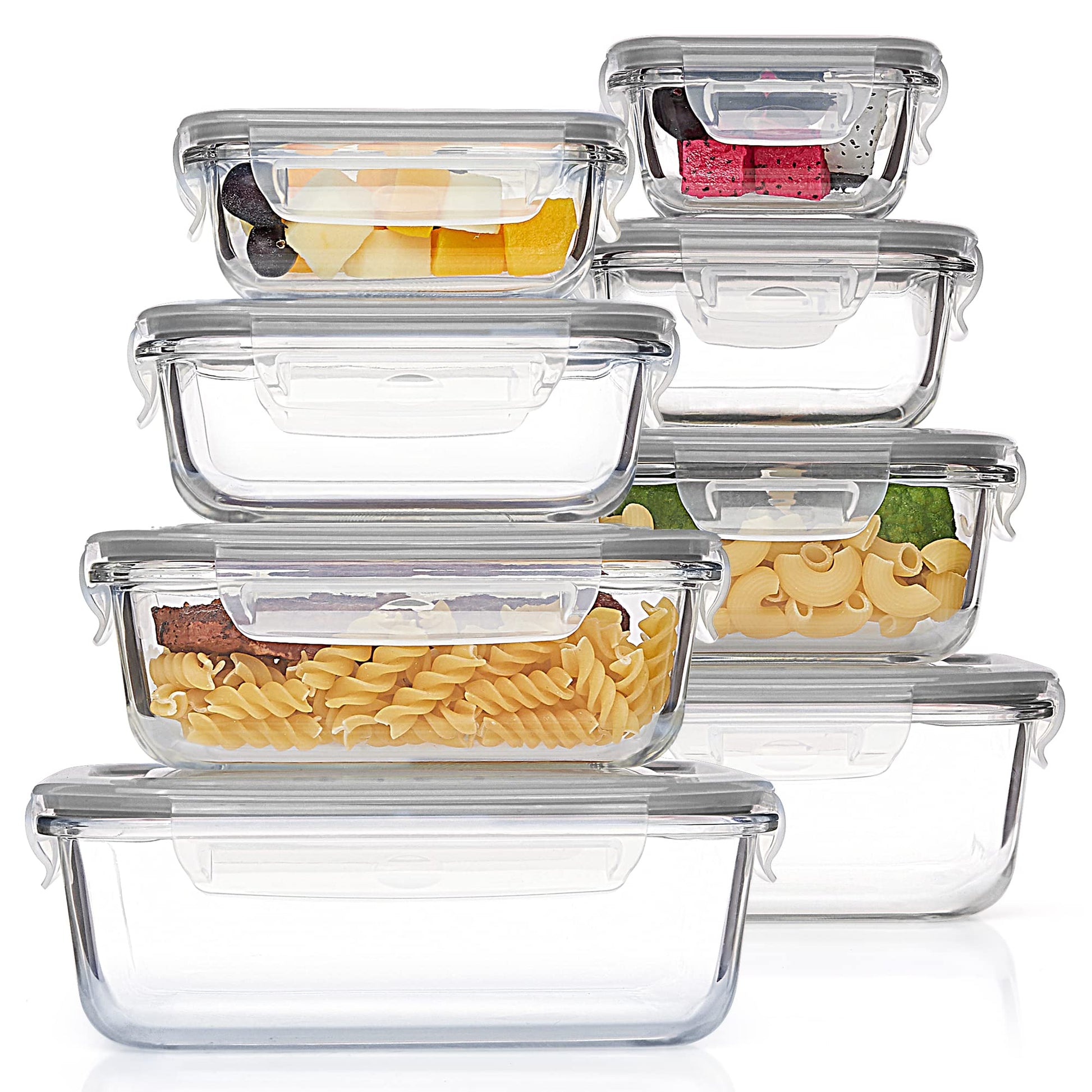 Vtopmart 8 Pack Glass Container Food Storage, Meal Prep Containers with Airtight Lids for Leftover, On-the-go, Safe for Microwave, Oven, Freezer and Dishwasher, Grey