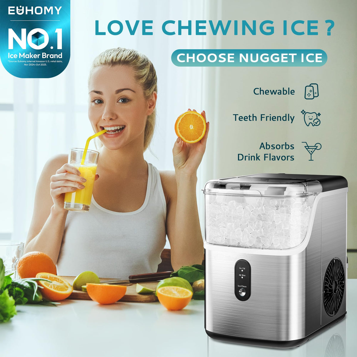 EUHOMY Nugget Ice Makers Countertop, Pebble Ice Maker Machine with 35lbs/24H Soft Ice, Self-Cleaning Sonic Ice Maker with Ice Scoop&Basket for Home/Kitchen/Office(Stainless Steels)