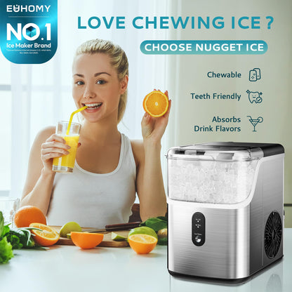 EUHOMY Nugget Ice Makers Countertop, Pebble Ice Maker Machine with 35lbs/24H Soft Ice, Self-Cleaning Sonic Ice Maker with Ice Scoop&Basket for Home/Kitchen/Office(Stainless Steels)