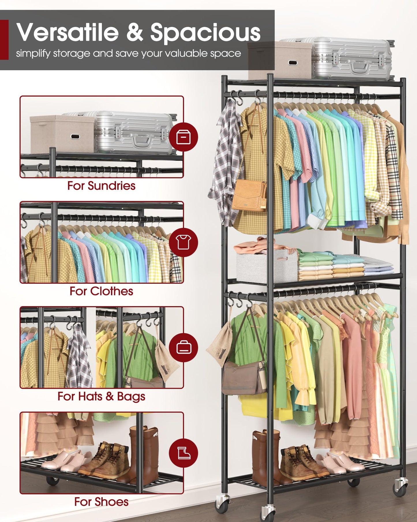Sakugi Clothing Rack - Coat Rack with Shelves & Wheels, Multi-Functional Clothes Rack with Hooks, Sturdy Metal Garment Shelf for Bedroom, Laundry, Balcony, 84W × 31D × 202H cm, Black - Available at All In One Marketplace Canada