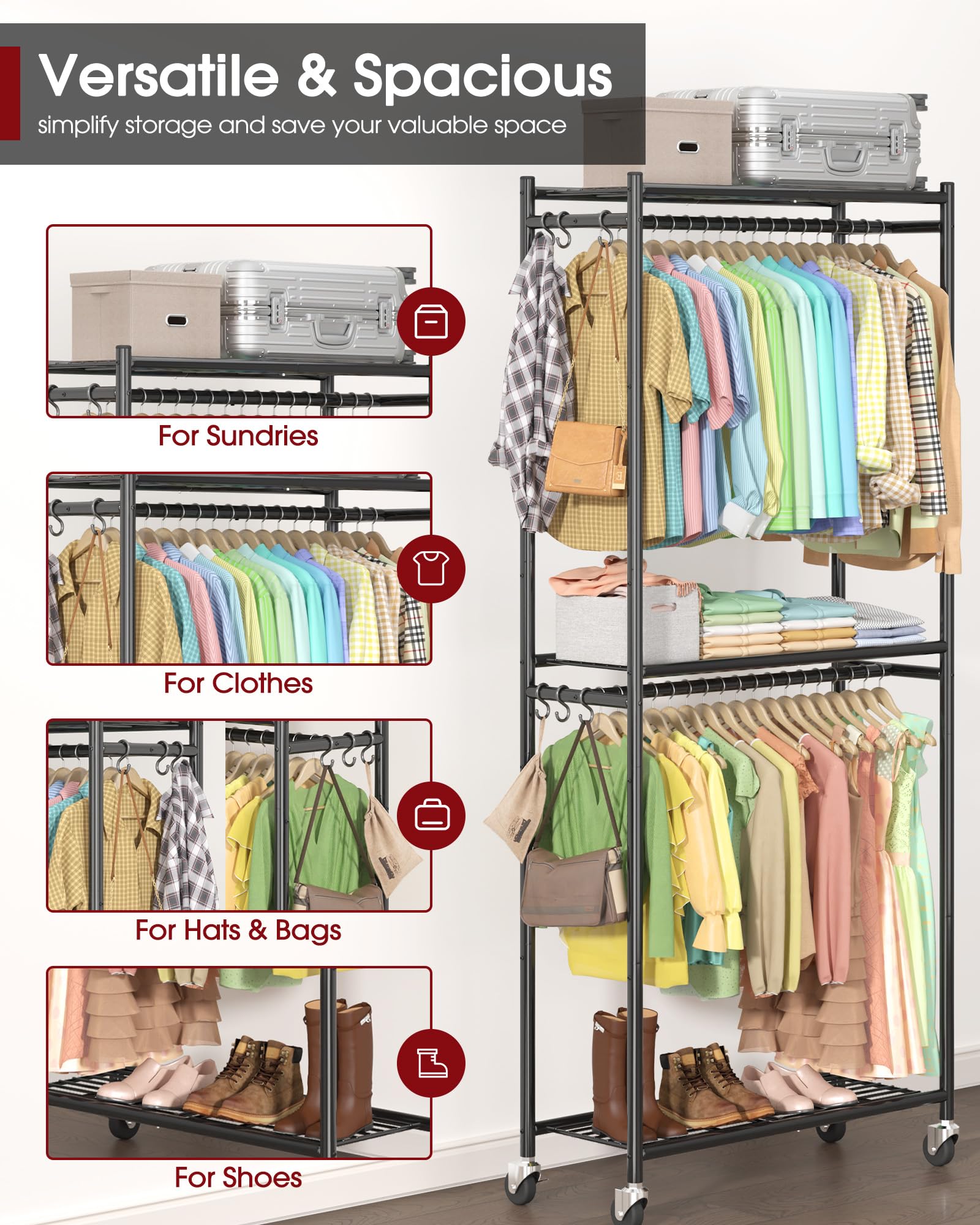 Sakugi Clothing Rack - Coat Rack with Shelves & Wheels, Multi-Functional Clothes Rack with Hooks, Sturdy Metal Garment Shelf for Bedroom, Laundry, Balcony, 84W × 31D × 202H cm, Black - Available at All In One Marketplace Canada