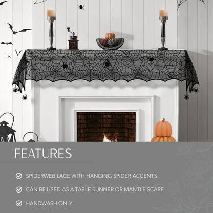 Chemin de table en dentelle Elrene Home Fashions avec araignées d'Halloween rampantes, 33 cm x 178 cm, noir